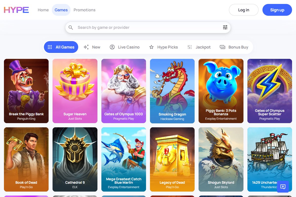 Aperçu du lobby de jeux Hypekasino proposant machines à sous et live