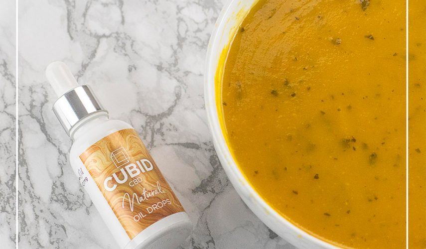 CBD sweet potato and turmeric soup in a bowl