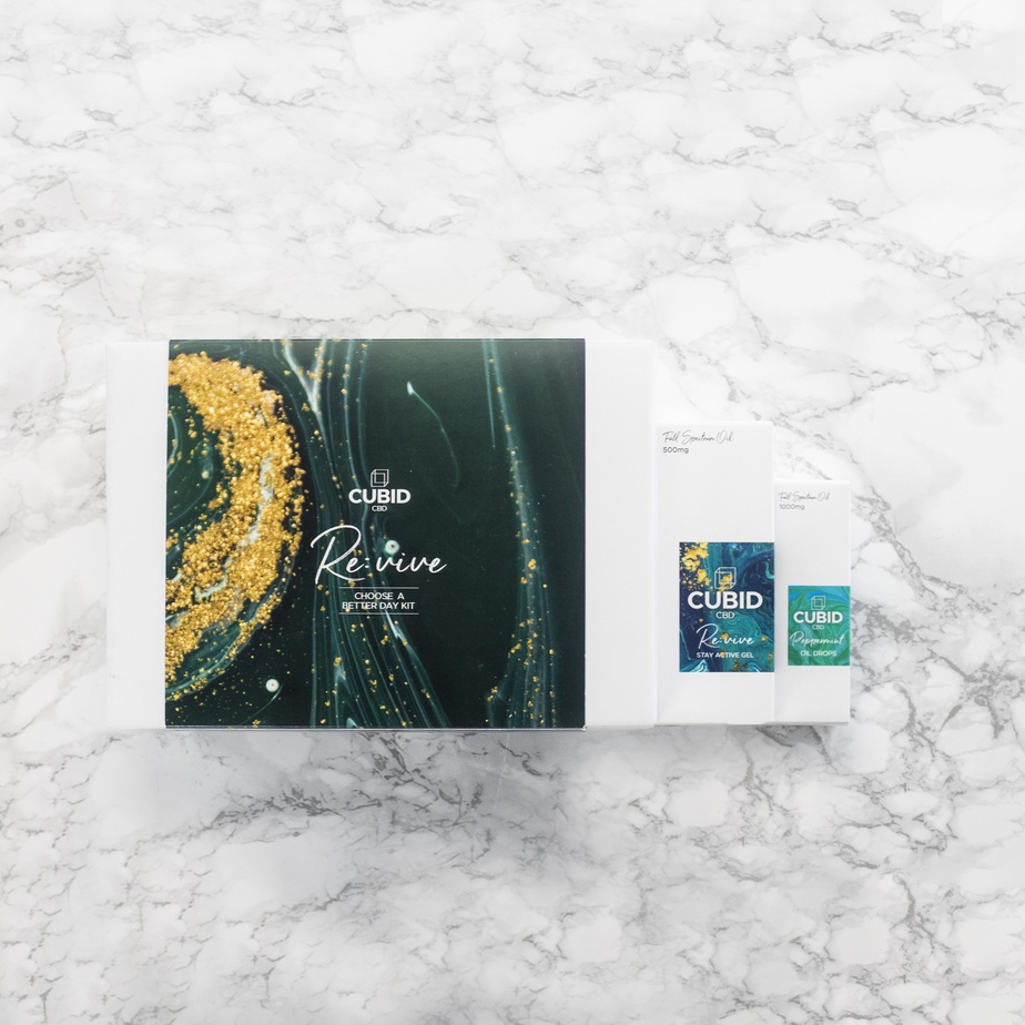 CUBID CBD Re:vive gift set including Re:vive Stay Active Gel and Peppermint CBD oil drops